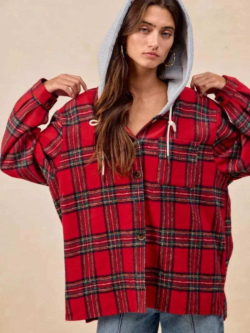 BiBi Plaiditude Brushed Red Plaid Hooded Shacket-Women's Outerwear-Shop Z & Joxa