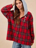 BiBi Plaiditude Brushed Red Plaid Hooded Shacket-Women's Outerwear-Shop Z & Joxa