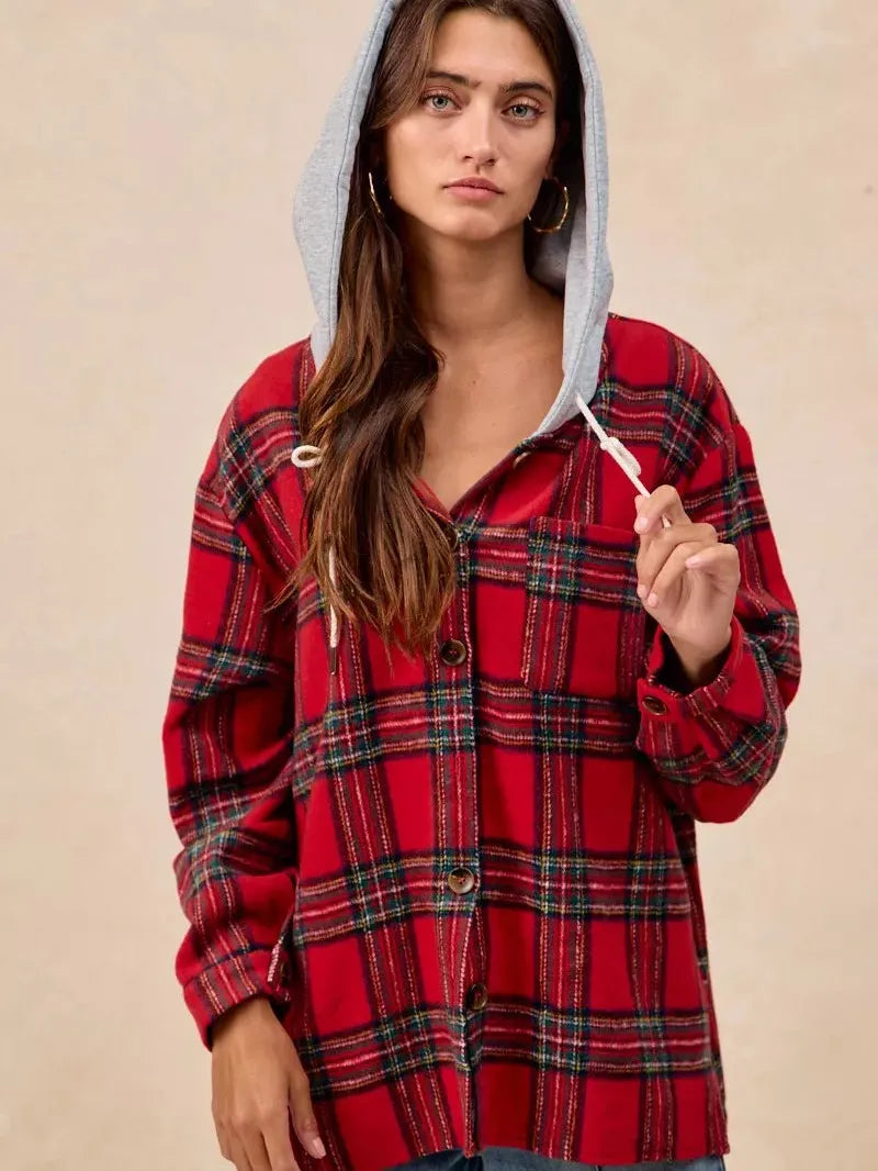 BiBi Plaiditude Brushed Red Plaid Hooded Shacket-Women's Outerwear-Shop Z & Joxa