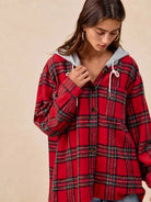 BiBi Plaiditude Brushed Red Plaid Hooded Shacket-Women's Outerwear-Shop Z & Joxa