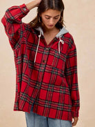 BiBi Plaiditude Brushed Red Plaid Hooded Shacket-Women's Outerwear-Shop Z & Joxa
