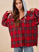 BiBi Plaiditude Brushed Red Plaid Hooded Shacket-Women's Outerwear-Shop Z & Joxa