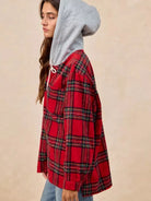 BiBi Plaiditude Brushed Red Plaid Hooded Shacket-Women's Outerwear-Shop Z & Joxa