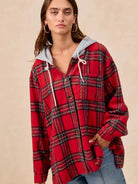 BiBi Plaiditude Brushed Red Plaid Hooded Shacket-Women's Outerwear-Shop Z & Joxa