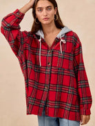 BiBi Plaiditude Brushed Red Plaid Hooded Shacket-Women's Outerwear-Shop Z & Joxa