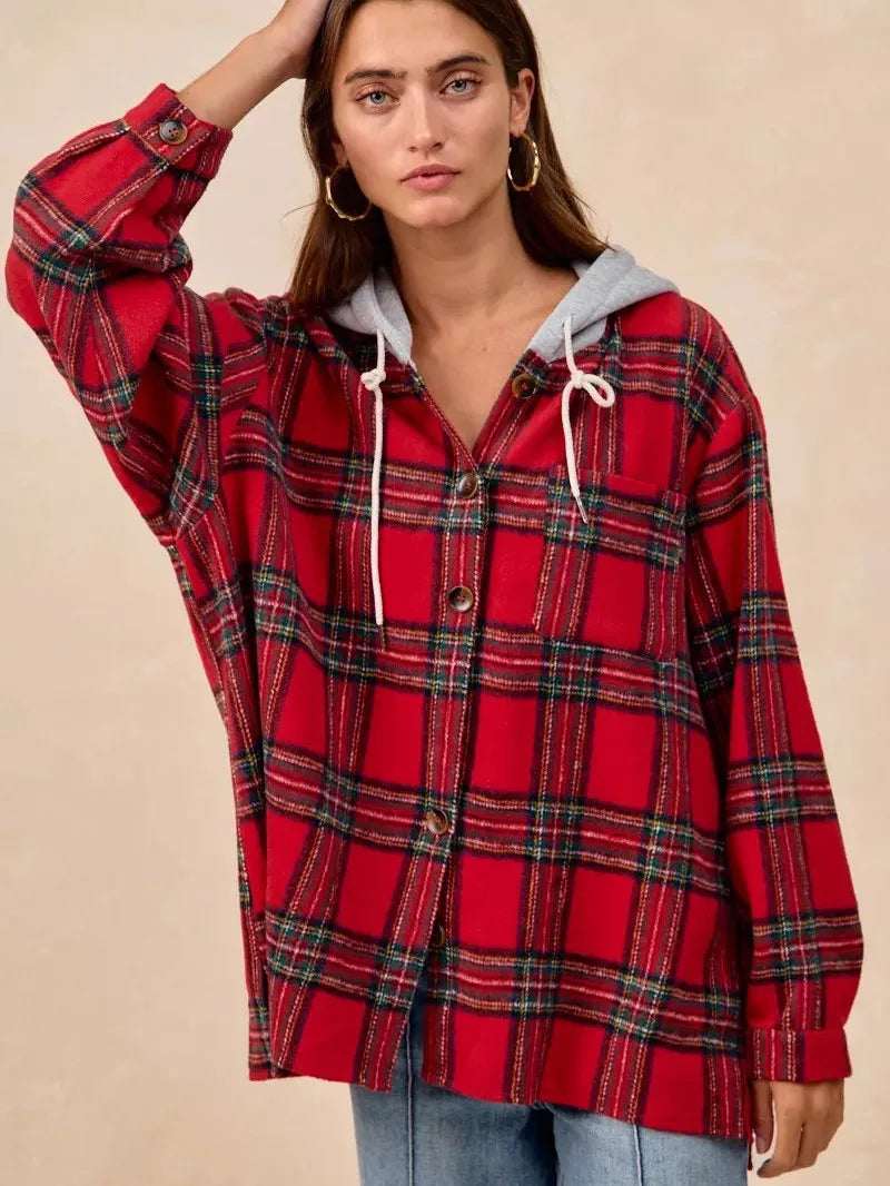 BiBi Plaiditude Brushed Red Plaid Hooded Shacket-Women's Outerwear-Shop Z & Joxa