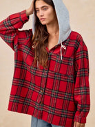 BiBi Plaiditude Brushed Red Plaid Hooded Shacket-Women's Outerwear-Shop Z & Joxa