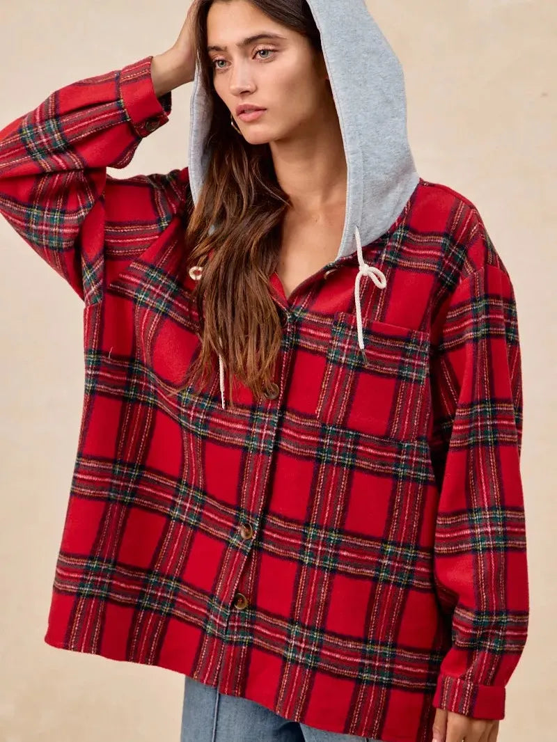 BiBi Plaiditude Brushed Red Plaid Hooded Shacket-Women's Outerwear-Shop Z & Joxa