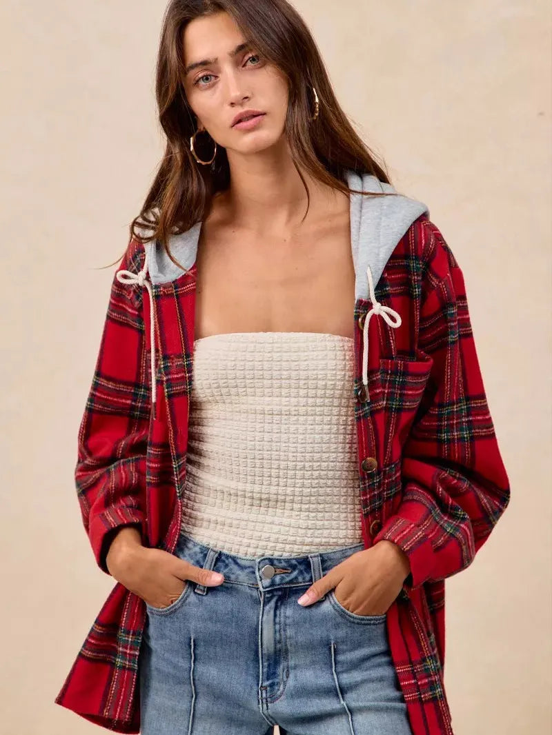 BiBi Plaiditude Brushed Red Plaid Hooded Shacket-Women's Outerwear-Shop Z & Joxa