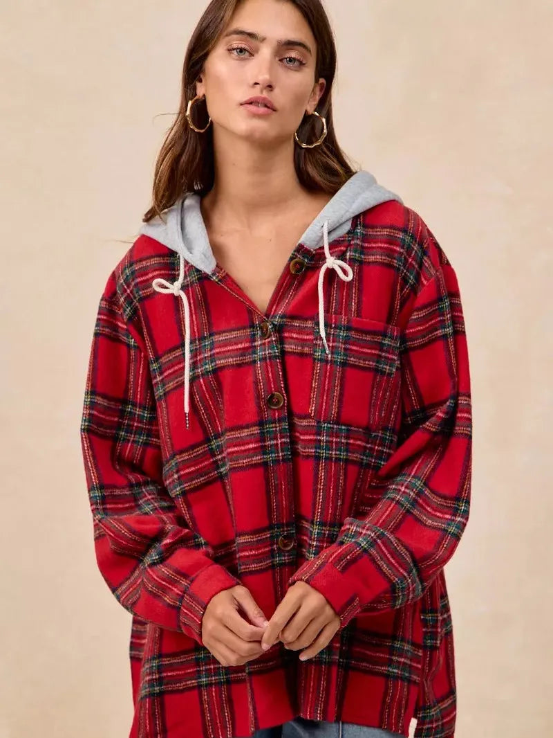 BiBi Plaiditude Brushed Red Plaid Hooded Shacket-Women's Outerwear-Shop Z & Joxa