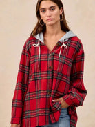 BiBi Plaiditude Brushed Red Plaid Hooded Shacket-Women's Outerwear-Shop Z & Joxa