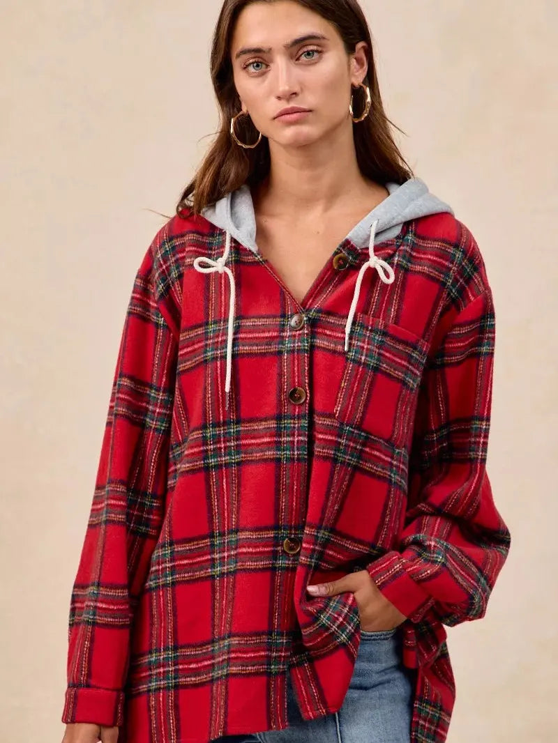 BiBi Plaiditude Brushed Red Plaid Hooded Shacket-Women's Outerwear-Shop Z & Joxa