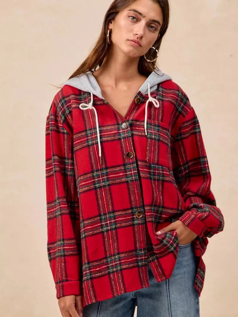 BiBi Plaiditude Brushed Red Plaid Hooded Shacket-Women's Outerwear-Shop Z & Joxa