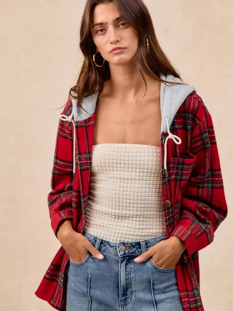 BiBi Plaiditude Brushed Red Plaid Hooded Shacket-Women's Outerwear-Shop Z & Joxa