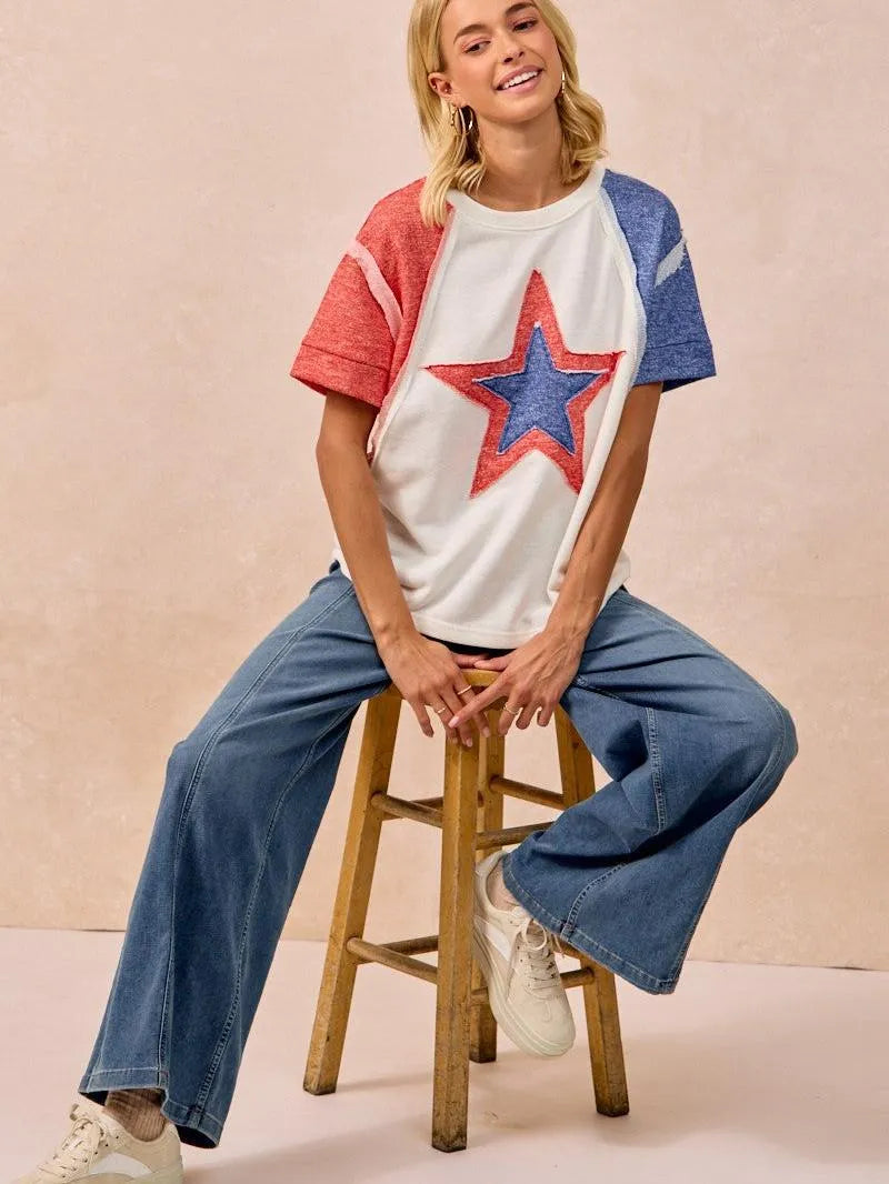 BiBi Red White & Relaxed Contrast Cut Edge 4th of July T-Shirt-Women's Shirts & Tops-Shop Z & Joxa