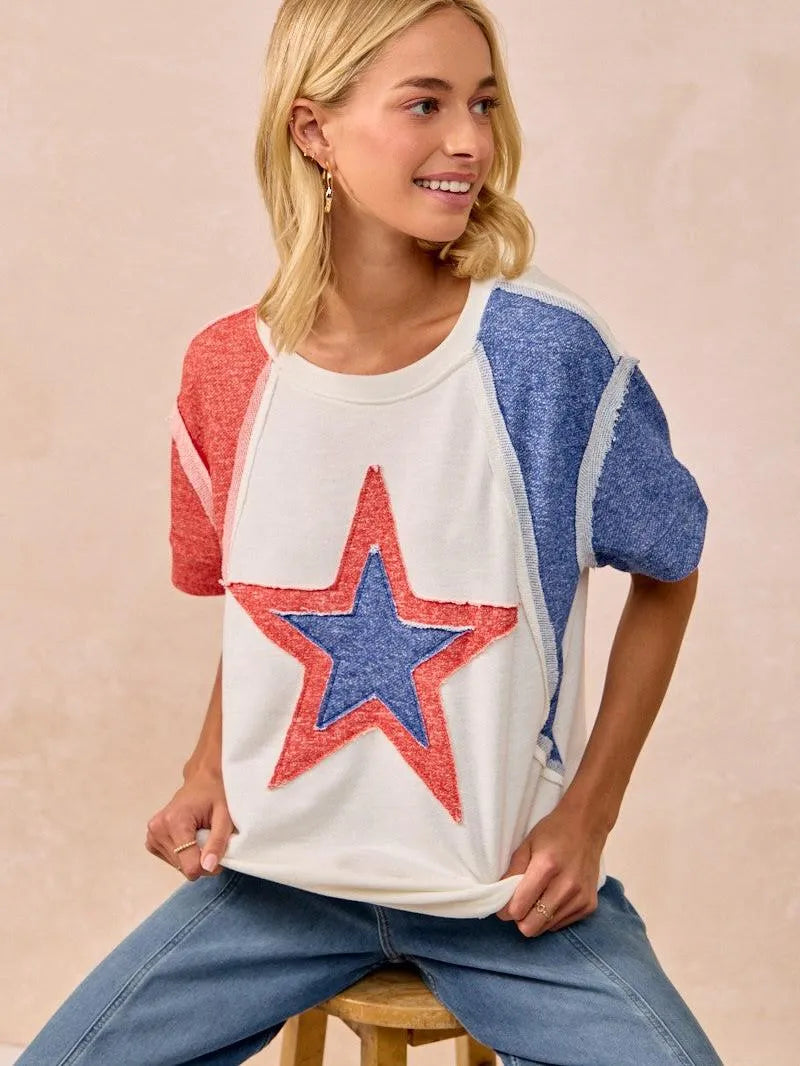 BiBi Red White & Relaxed Contrast Cut Edge 4th of July T-Shirt-Women's Shirts & Tops-Shop Z & Joxa