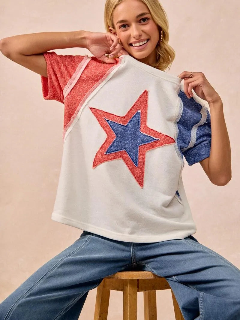 BiBi Red White & Relaxed Contrast Cut Edge 4th of July T-Shirt-Women's Shirts & Tops-Shop Z & Joxa