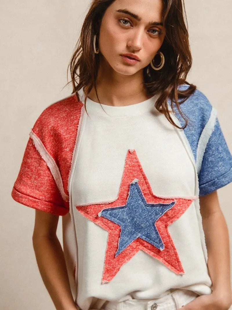 BiBi Red White & Relaxed Contrast Cut Edge 4th of July T-Shirt-Women's Shirts & Tops-Shop Z & Joxa