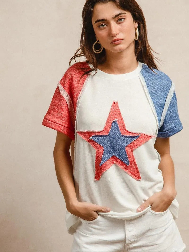 BiBi Red White & Relaxed Contrast Cut Edge 4th of July T-Shirt-Women's Shirts & Tops-Shop Z & Joxa