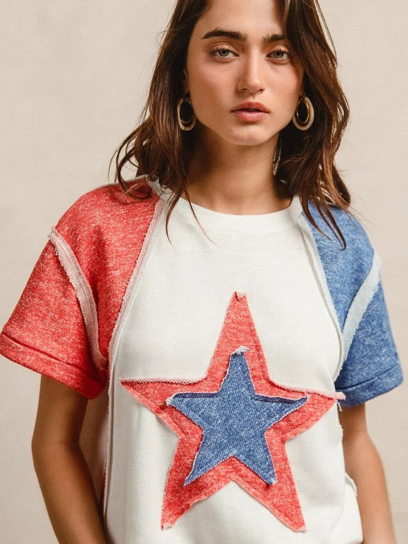 BiBi Red White & Relaxed Contrast Cut Edge 4th of July T-Shirt-Women's Shirts & Tops-Shop Z & Joxa