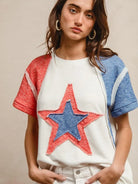 BiBi Red White & Relaxed Contrast Cut Edge 4th of July T-Shirt-Women's Shirts & Tops-Shop Z & Joxa