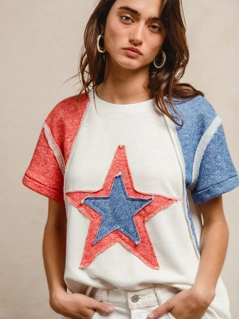 BiBi Red White & Relaxed Contrast Cut Edge 4th of July T-Shirt-Women's Shirts & Tops-Shop Z & Joxa