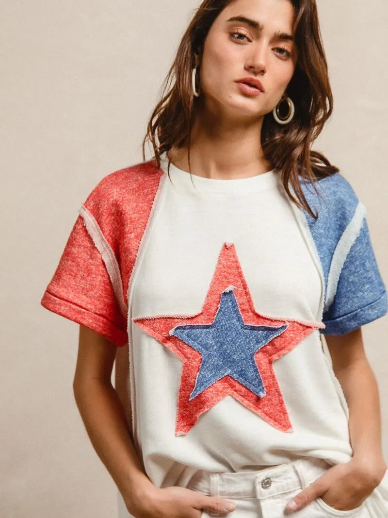 BiBi Red White & Relaxed Contrast Cut Edge 4th of July T-Shirt-Women's Shirts & Tops-Shop Z & Joxa