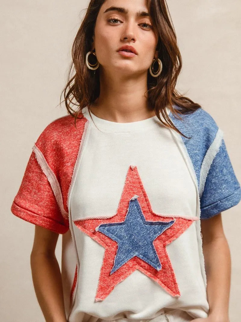 BiBi Red White & Relaxed Contrast Cut Edge 4th of July T-Shirt-Women's Shirts & Tops-Shop Z & Joxa