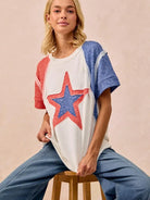 BiBi Red White & Relaxed Contrast Cut Edge 4th of July T-Shirt-Women's Shirts & Tops-Shop Z & Joxa
