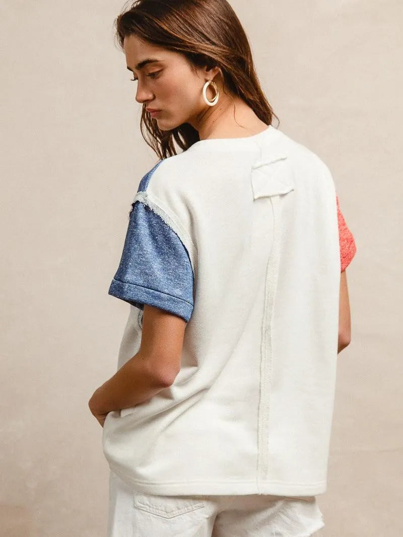 BiBi Red White & Relaxed Contrast Cut Edge 4th of July T-Shirt-Women's Shirts & Tops-Shop Z & Joxa