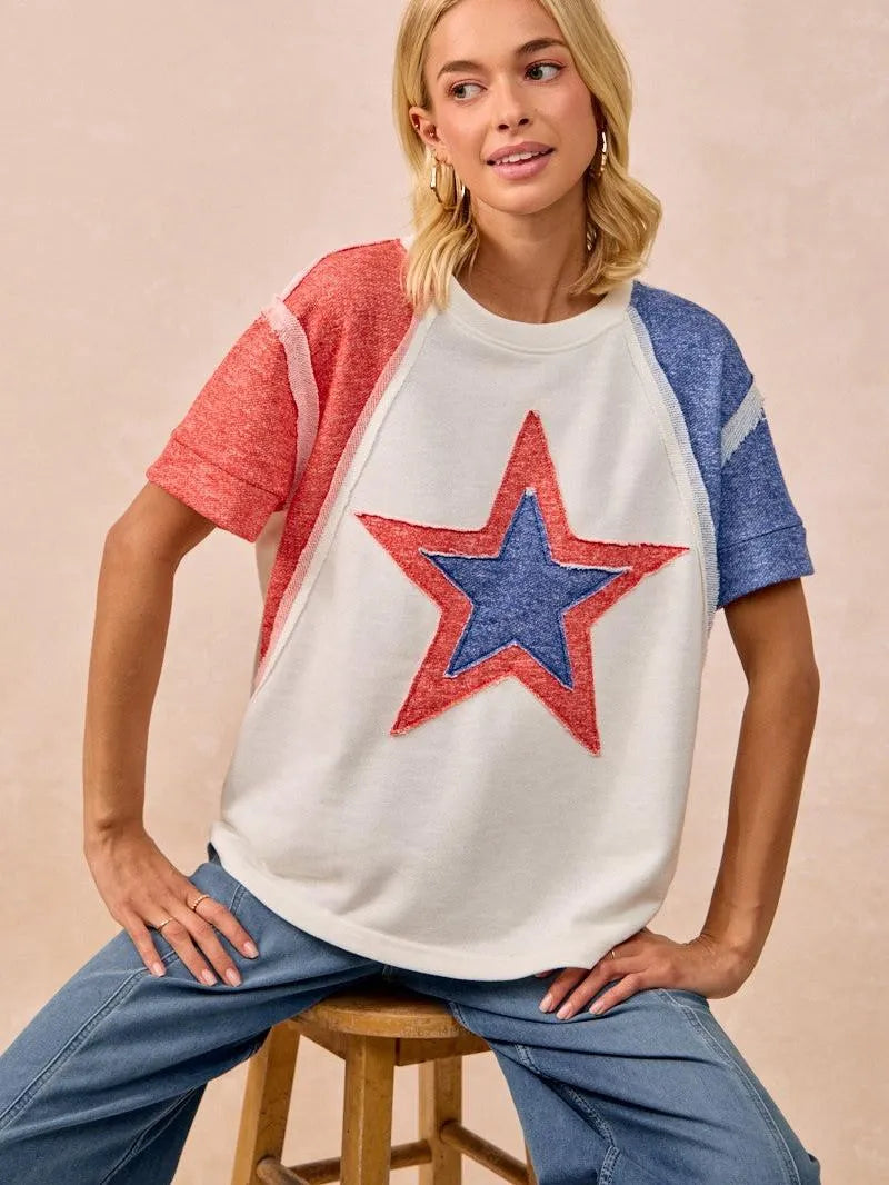 BiBi Red White & Relaxed Contrast Cut Edge 4th of July T-Shirt-Women's Shirts & Tops-Shop Z & Joxa