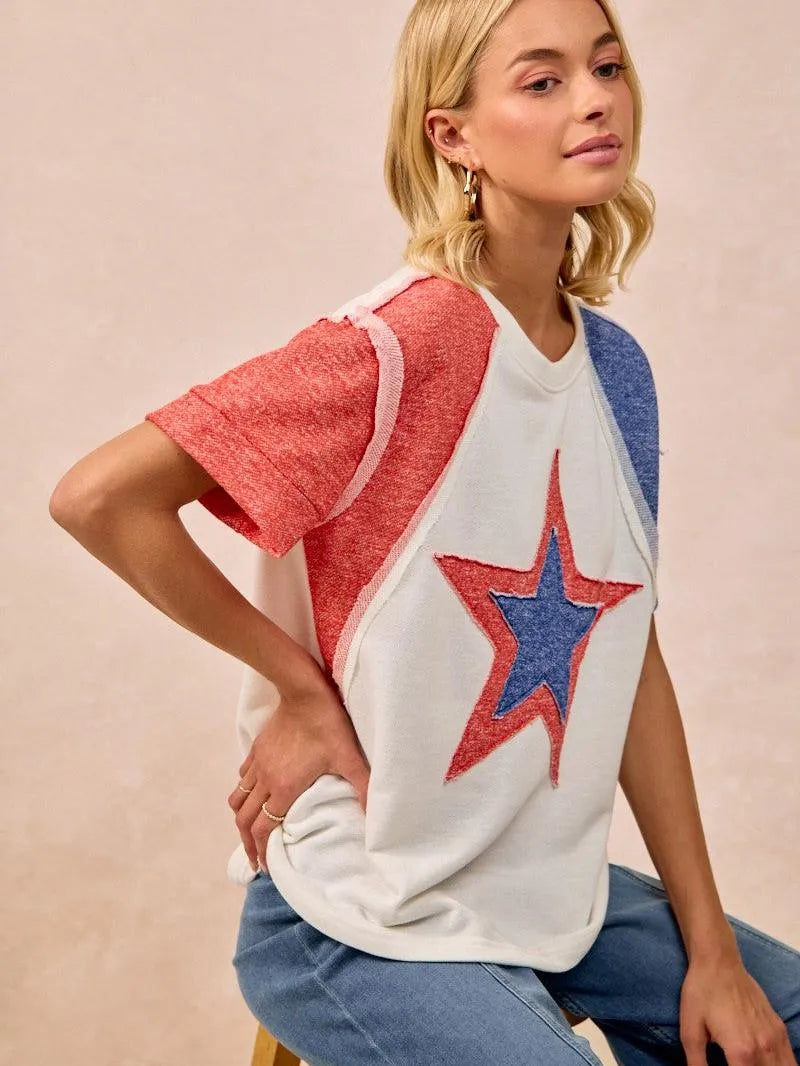 BiBi Red White & Relaxed Contrast Cut Edge 4th of July T-Shirt-Women's Shirts & Tops-Shop Z & Joxa