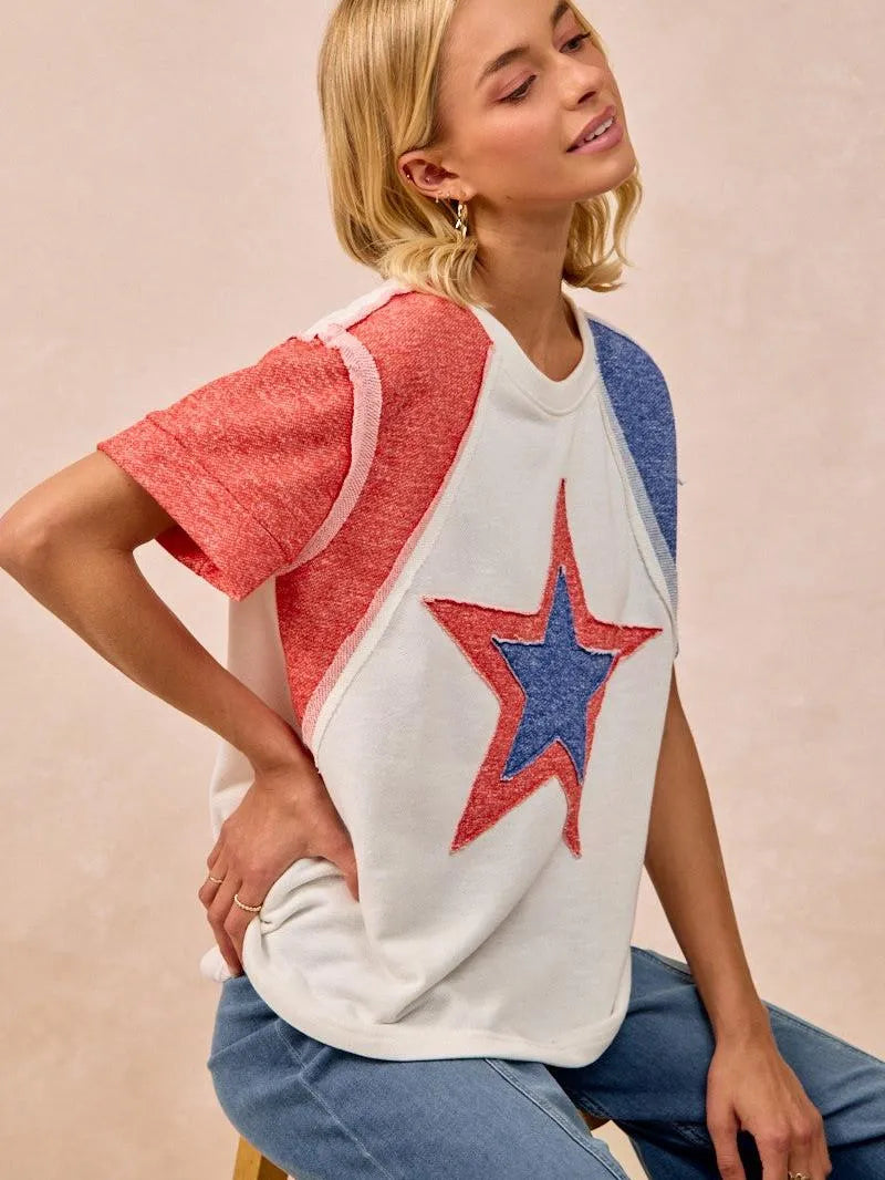 BiBi Red White & Relaxed Contrast Cut Edge 4th of July T-Shirt-Women's Shirts & Tops-Shop Z & Joxa