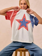 BiBi Red White & Relaxed Contrast Cut Edge 4th of July T-Shirt-Women's Shirts & Tops-Shop Z & Joxa