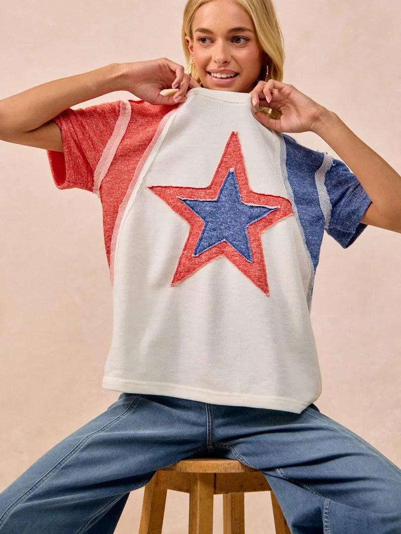 BiBi Red White & Relaxed Contrast Cut Edge 4th of July T-Shirt-Women's Shirts & Tops-Shop Z & Joxa
