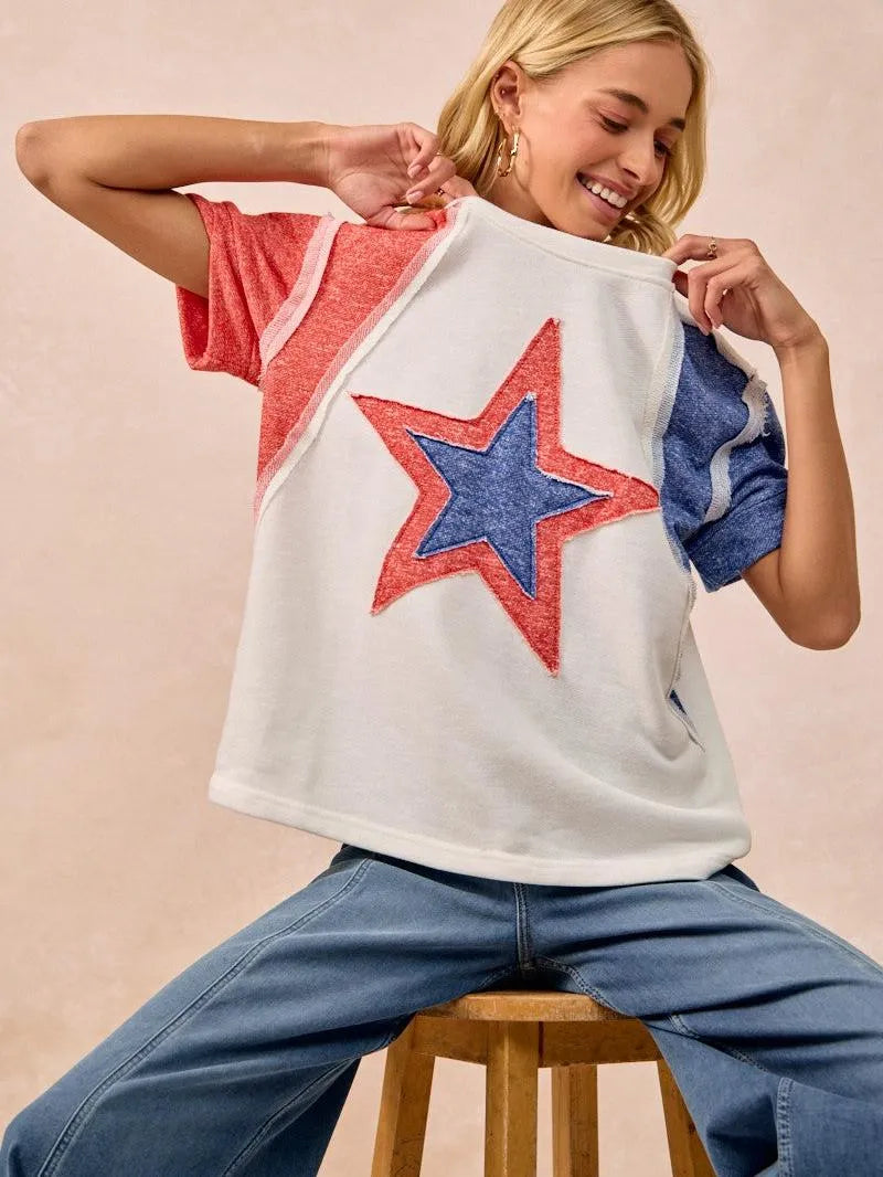 BiBi Red White & Relaxed Contrast Cut Edge 4th of July T-Shirt-Women's Shirts & Tops-Shop Z & Joxa
