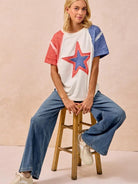 BiBi Red White & Relaxed Contrast Cut Edge 4th of July T-Shirt-Women's Shirts & Tops-Shop Z & Joxa
