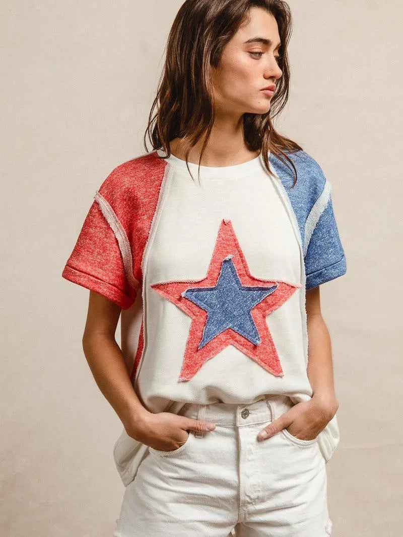 BiBi Red White & Relaxed Contrast Cut Edge 4th of July T-Shirt-Women's Shirts & Tops-Shop Z & Joxa