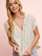 BiBi Red White and Bloom Crinkle Neckdrop Short Sleeve Top-Women's Shirts & Tops-Shop Z & Joxa