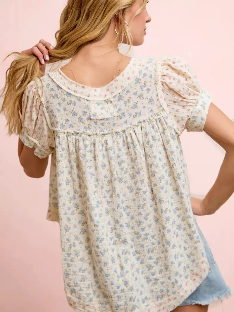 BiBi Red White and Bloom Crinkle Neckdrop Short Sleeve Top-Women's Shirts & Tops-Shop Z & Joxa