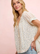 BiBi Red White and Bloom Crinkle Neckdrop Short Sleeve Top-Women's Shirts & Tops-Shop Z & Joxa