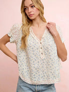 BiBi Red White and Bloom Crinkle Neckdrop Short Sleeve Top-Women's Shirts & Tops-Shop Z & Joxa