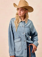 BiBi Retro Drift Washed Denim Jacket with Contrast Collar-Women's Shirts & Tops-Shop Z & Joxa