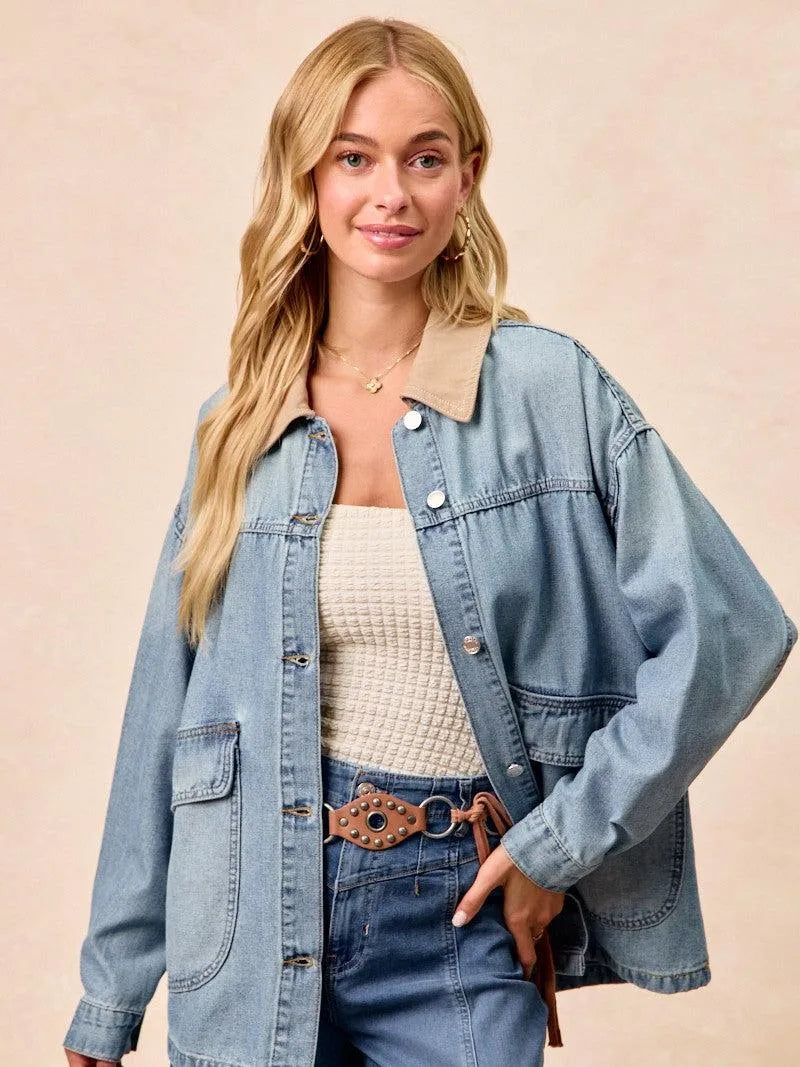 BiBi Retro Drift Washed Denim Jacket with Contrast Collar-Women's Shirts & Tops-Shop Z & Joxa