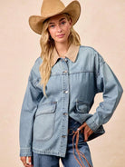 BiBi Retro Drift Washed Denim Jacket with Contrast Collar-Women's Shirts & Tops-Shop Z & Joxa