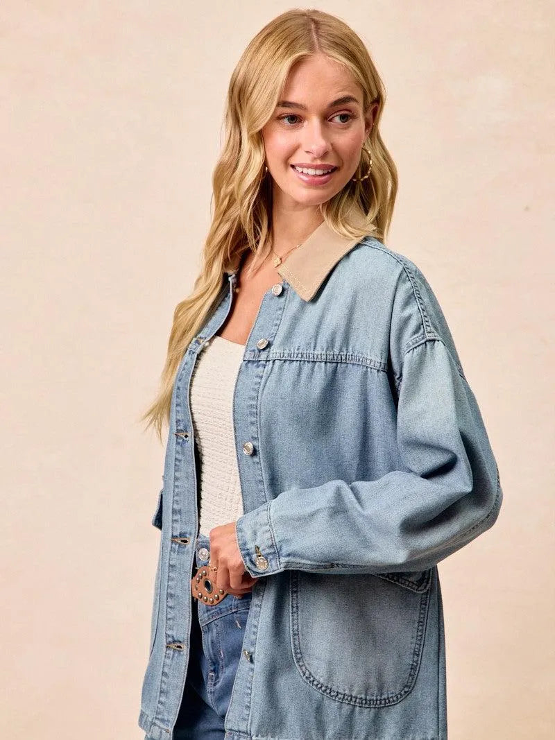 BiBi Retro Drift Washed Denim Jacket with Contrast Collar-Women's Shirts & Tops-Shop Z & Joxa