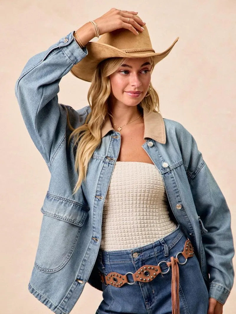 BiBi Retro Drift Washed Denim Jacket with Contrast Collar-Women's Shirts & Tops-Shop Z & Joxa