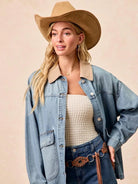 BiBi Retro Drift Washed Denim Jacket with Contrast Collar-Women's Shirts & Tops-Shop Z & Joxa