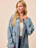 BiBi Retro Drift Washed Denim Jacket with Contrast Collar-Women's Shirts & Tops-Shop Z & Joxa
