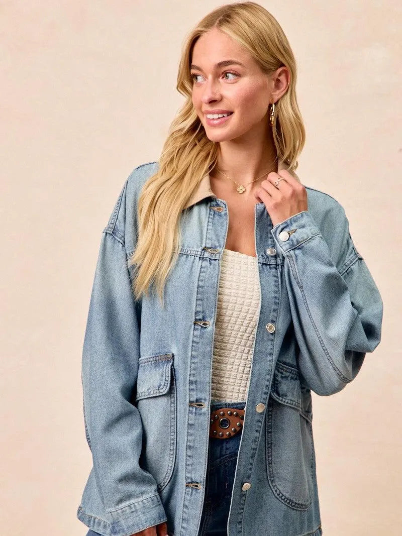 BiBi Retro Drift Washed Denim Jacket with Contrast Collar-Women's Shirts & Tops-Shop Z & Joxa